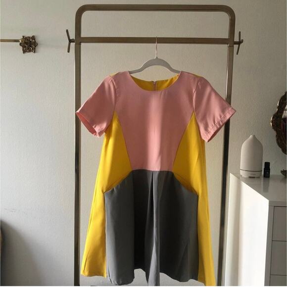 NWOT BlOGGER Fav SHEIN Pink, Yellow, Gray colorblocked dress - Picture 3 of 12